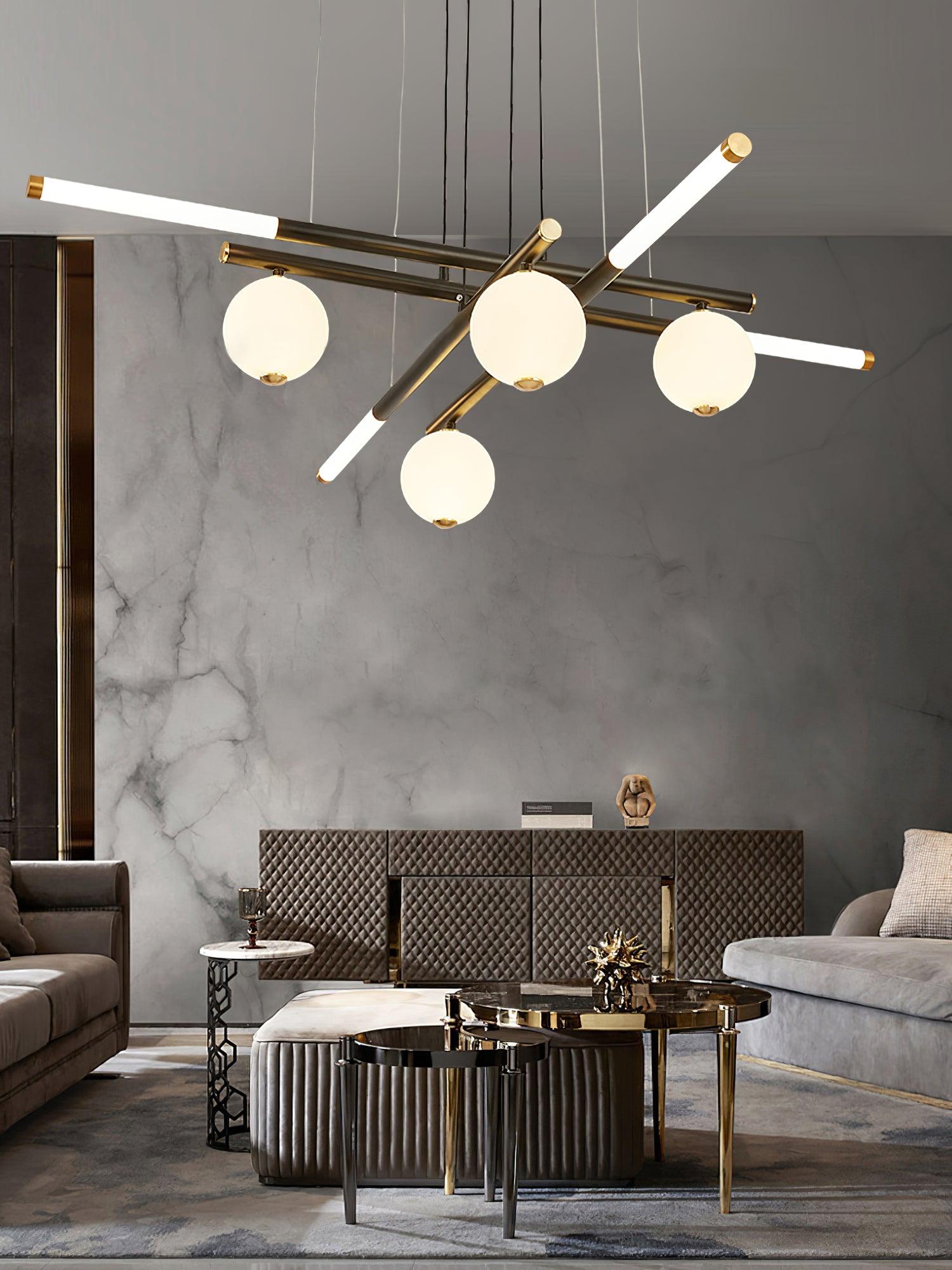 Chandelier Black White Rods and Globe Modern - Blowlighting