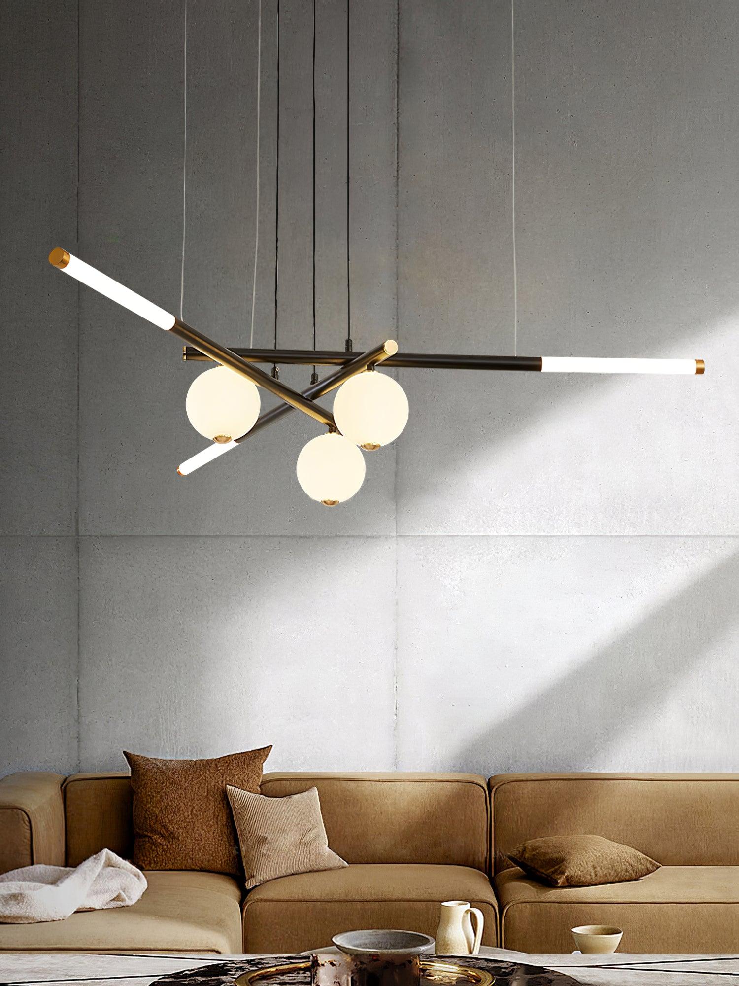 Chandelier Black White Rods and Globe Modern - Blowlighting