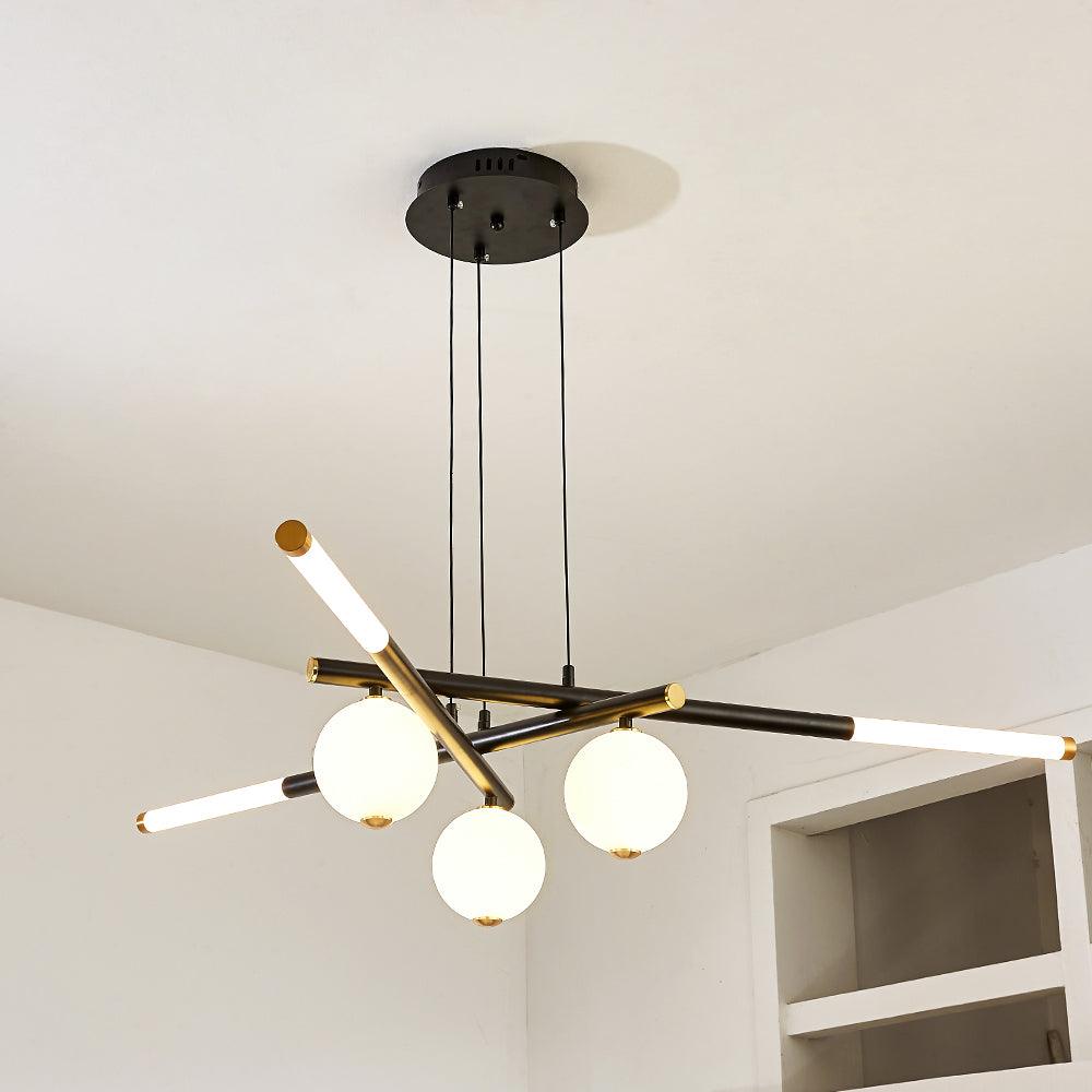 Chandelier Black White Rods and Globe Modern - Blowlighting
