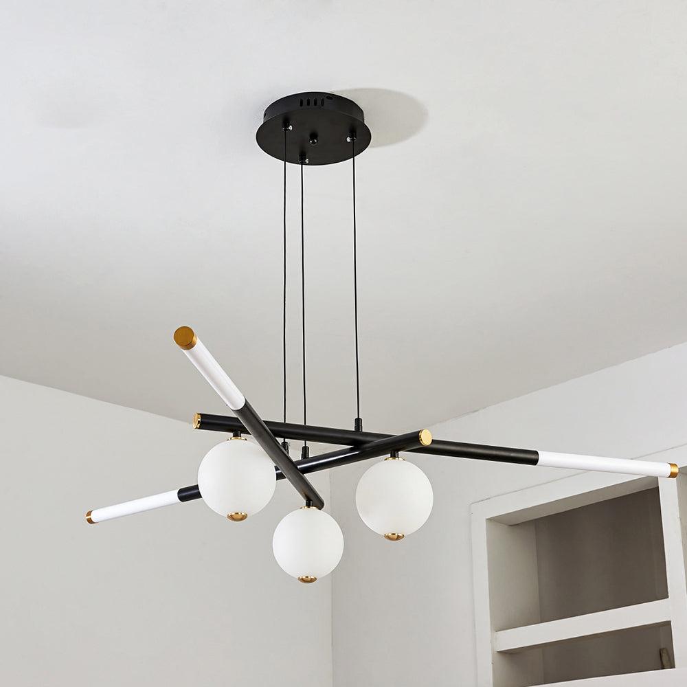 Chandelier Black White Rods and Globe Modern - Blowlighting