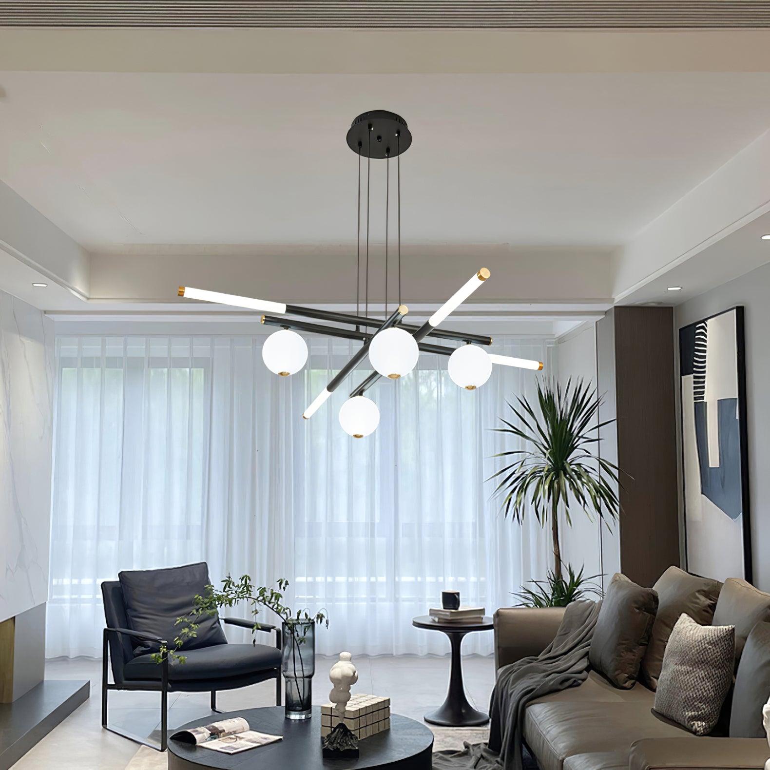 Chandelier Black White Rods and Globe Modern - Blowlighting