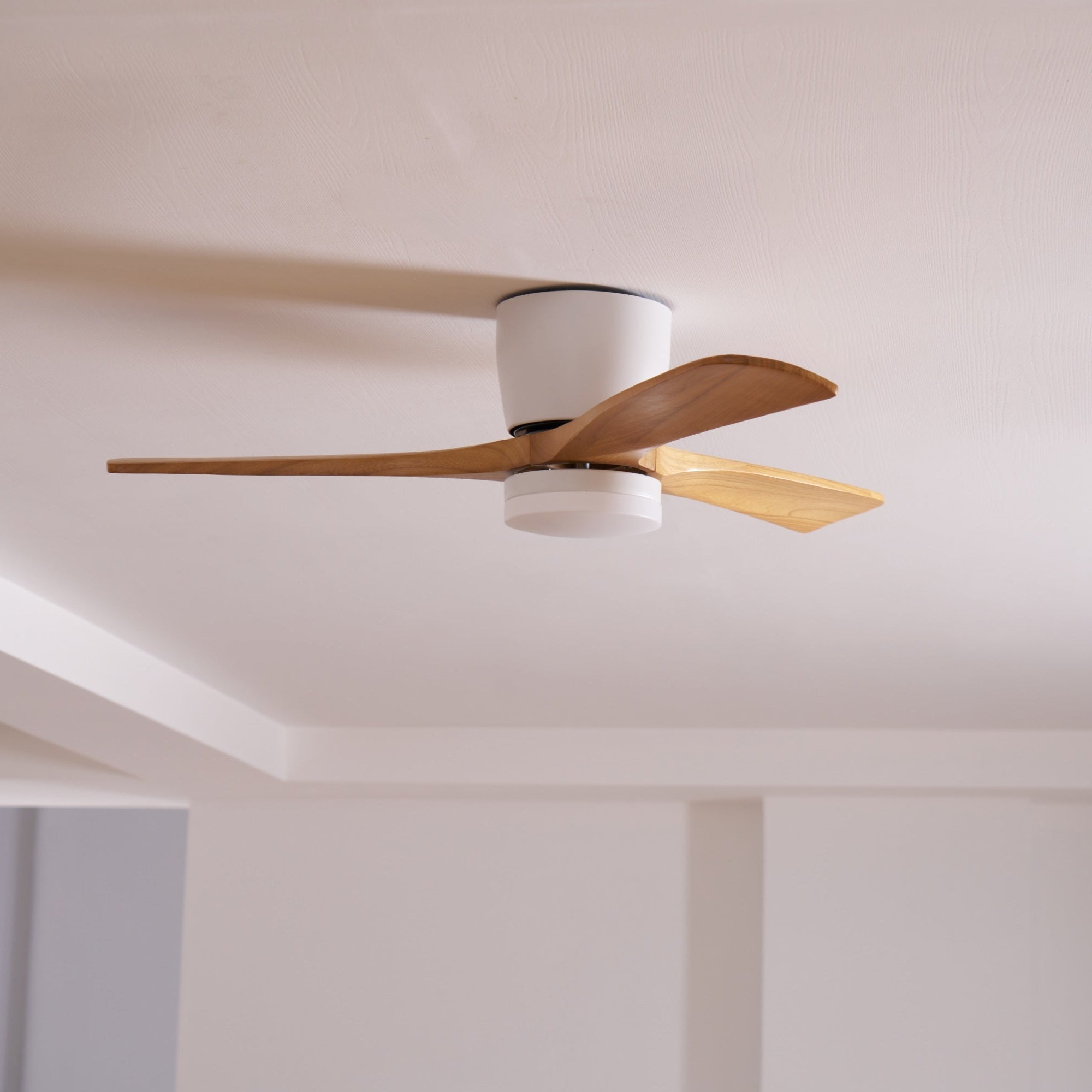 Ventilatore da soffitto Nordico Ezra con luce che mostra il silenzioso motore DC