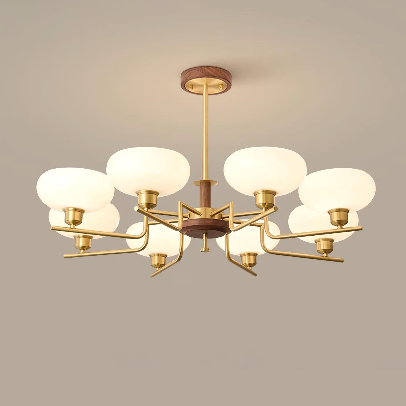 Chandelier Wood & Brass Frame Glass Shades Medieval Ambience - Letslighting