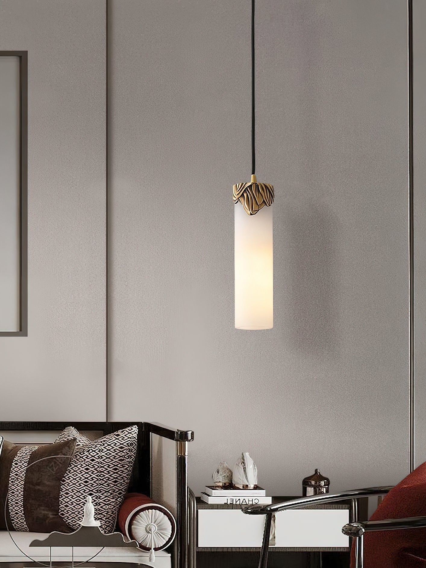 Quiver Modern Minimalist Brass Alabaster Pendant Light - Lamp Copper
