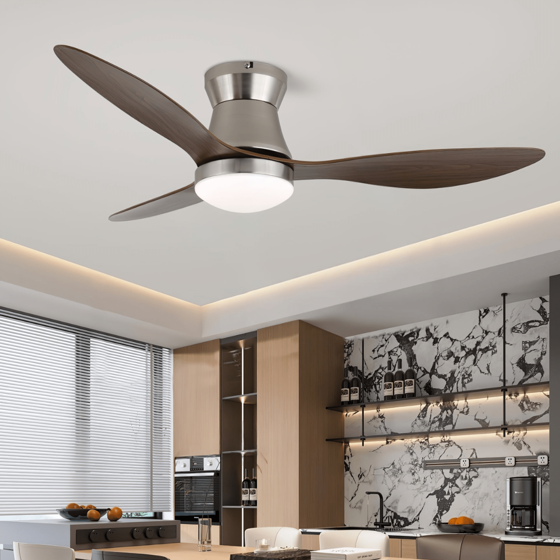 Ventilatore da soffitto Zerath con luce che mostra la sua sorgente luminosa a LED integrata