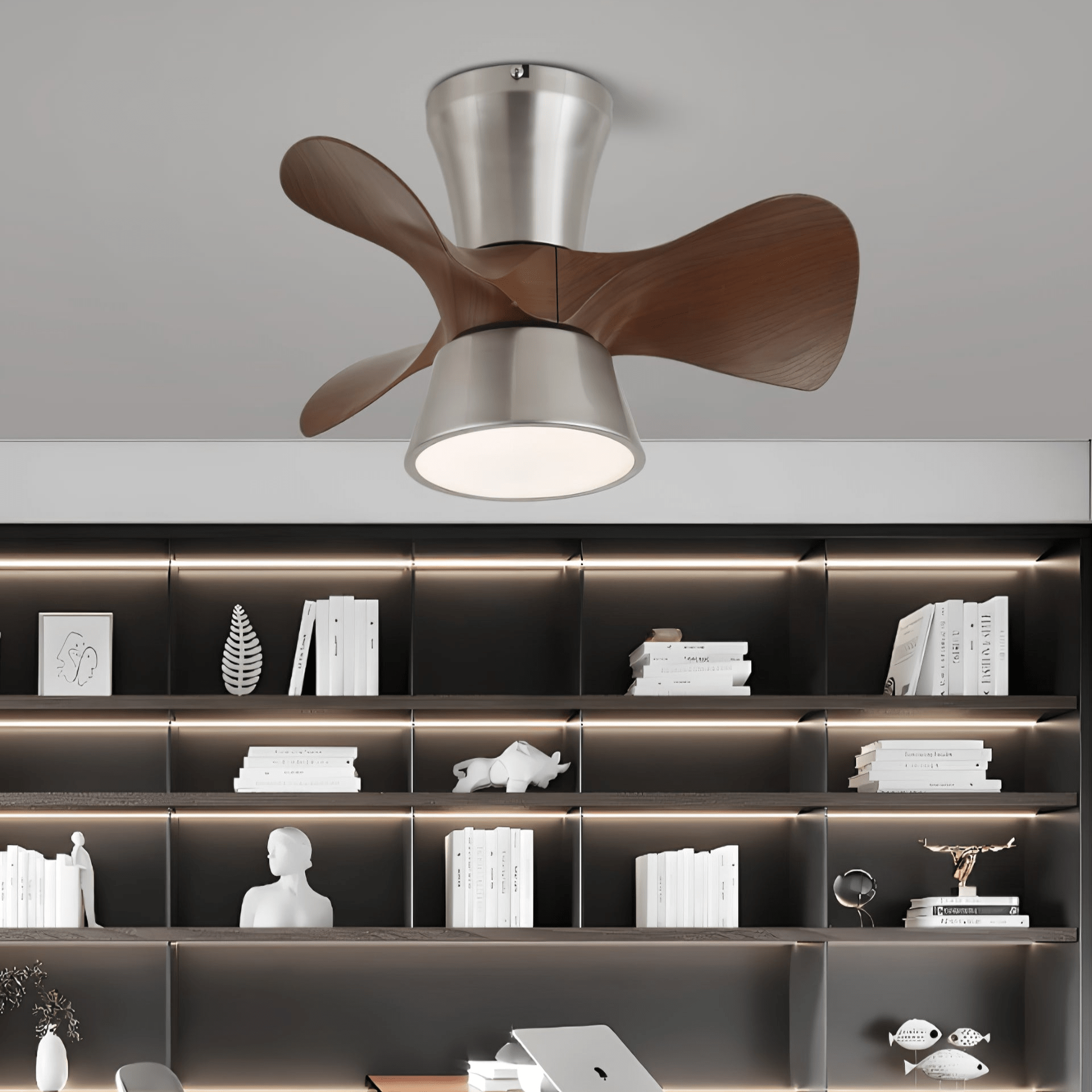 Ventilatore da soffitto moderno Nera in legno con luce, vista laterale