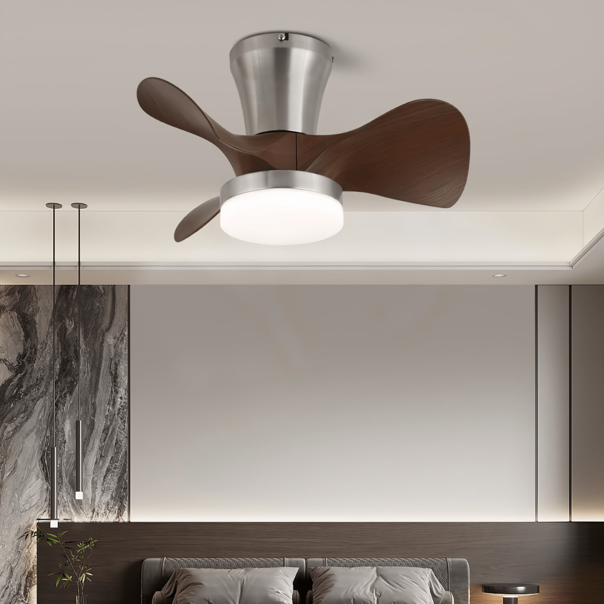 Ventilatore da soffitto moderno Nera in legno con luce, primo piano delle pale