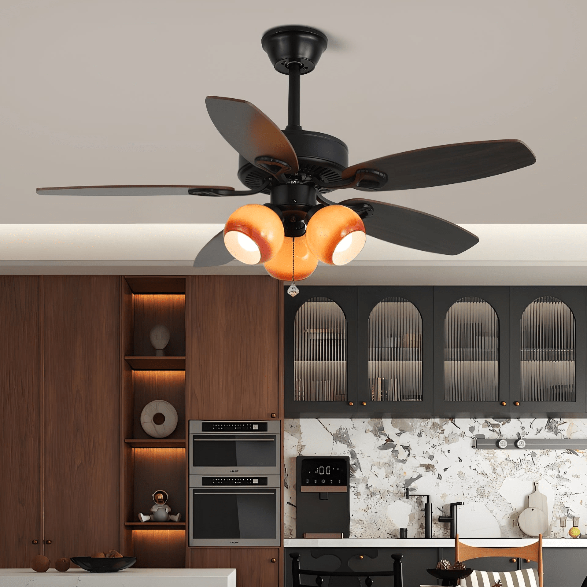 Ventilatore da soffitto Calviera vintage in legno e vetro con telecomando