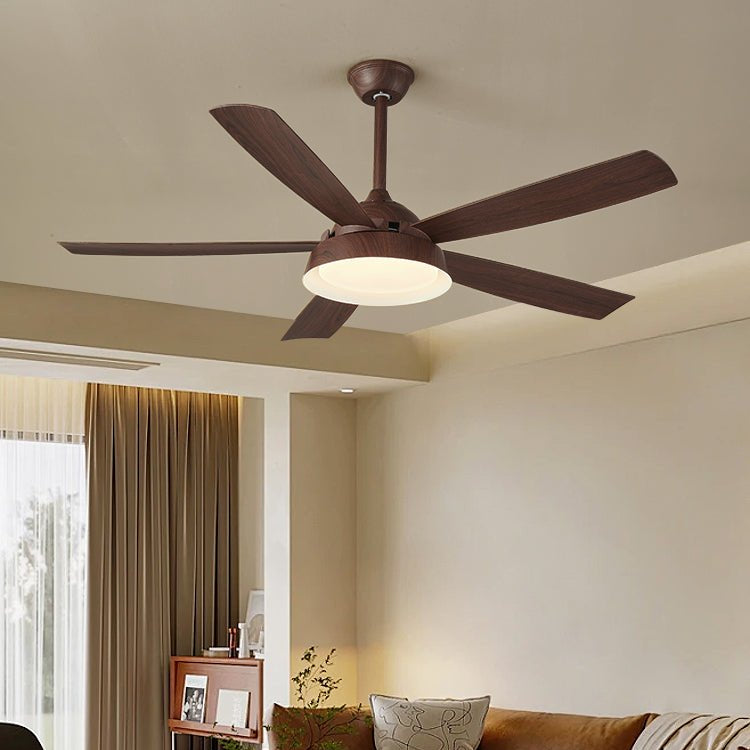 Ventilatore da soffitto Orvino con luce effetto legno, che mostra la finitura in grana legno noce