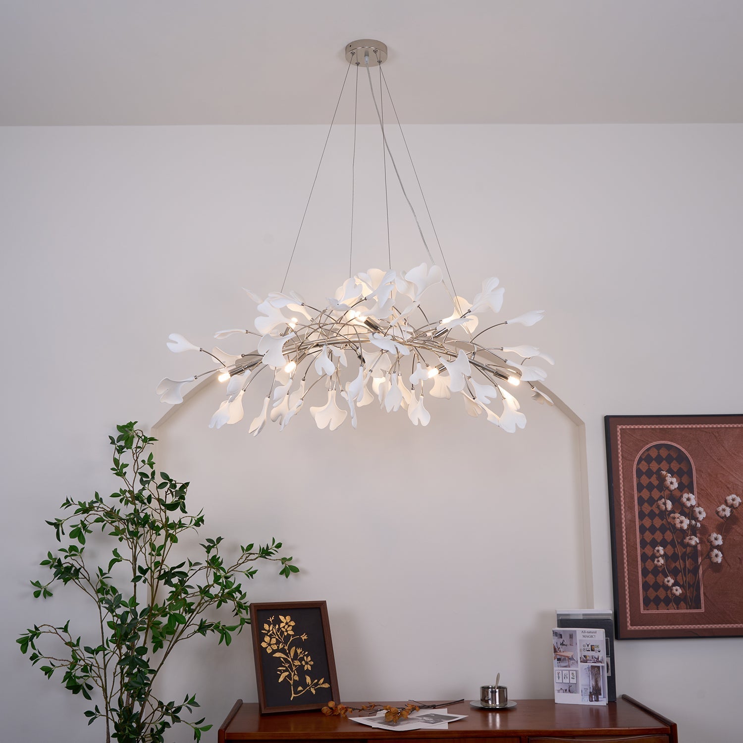 Olivia Lampadario Gingko Stile Art Déco con Foglie Inclinate Verso il Basso