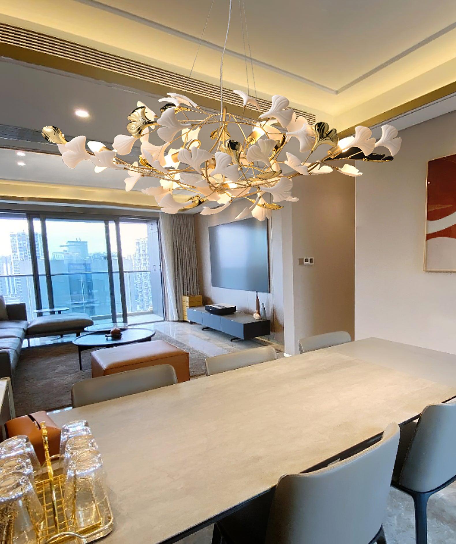 Chandelier White Ceramic Ginkgo Petals Gold - Letslighting