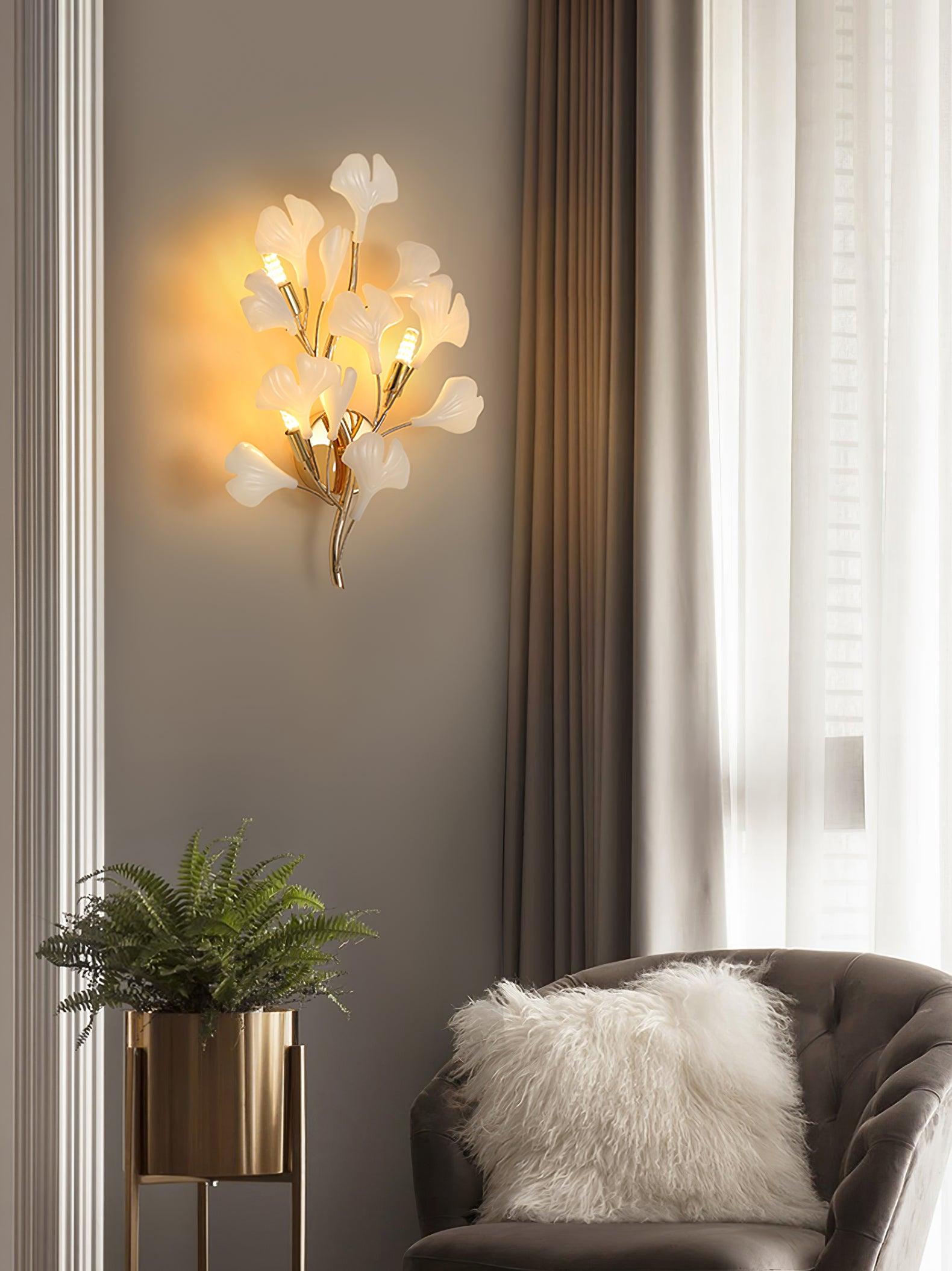 Wall Lamp Gingko Ceramic Petal Shades Gold Art Nouveau - Letslighting