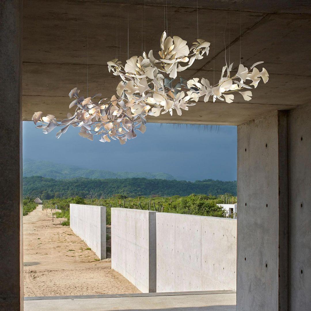 Chandelier Metal Frame Ceramic Gingko Leaf Shade White Gold Modern - Letslighting