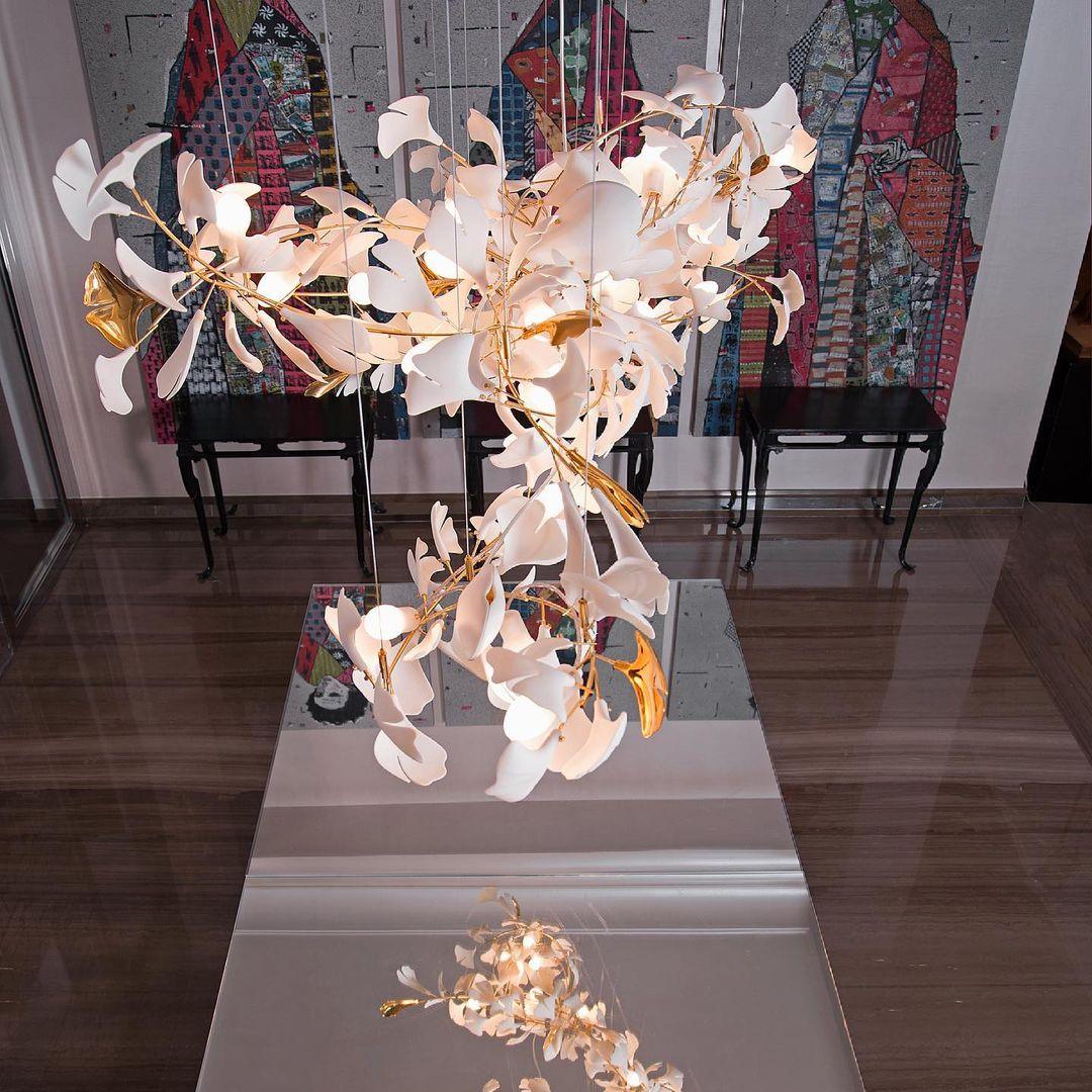 Chandelier Metal Frame Ceramic Gingko Leaf Shade White Gold Modern - Letslighting