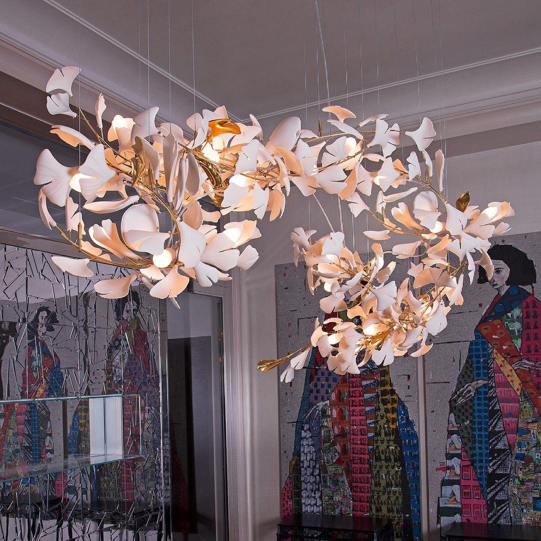Chandelier Metal Frame Ceramic Gingko Leaf Shade White Gold Modern - Letslighting