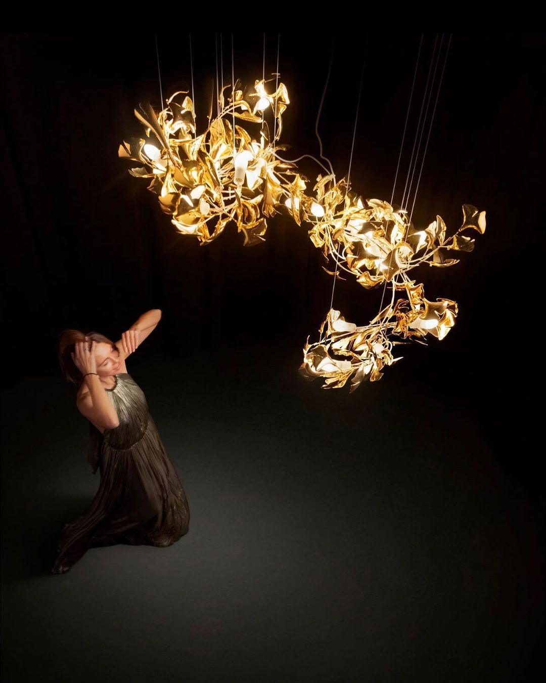 Chandelier Metal Frame Ceramic Gingko Leaf Shade White Gold Modern - Letslighting