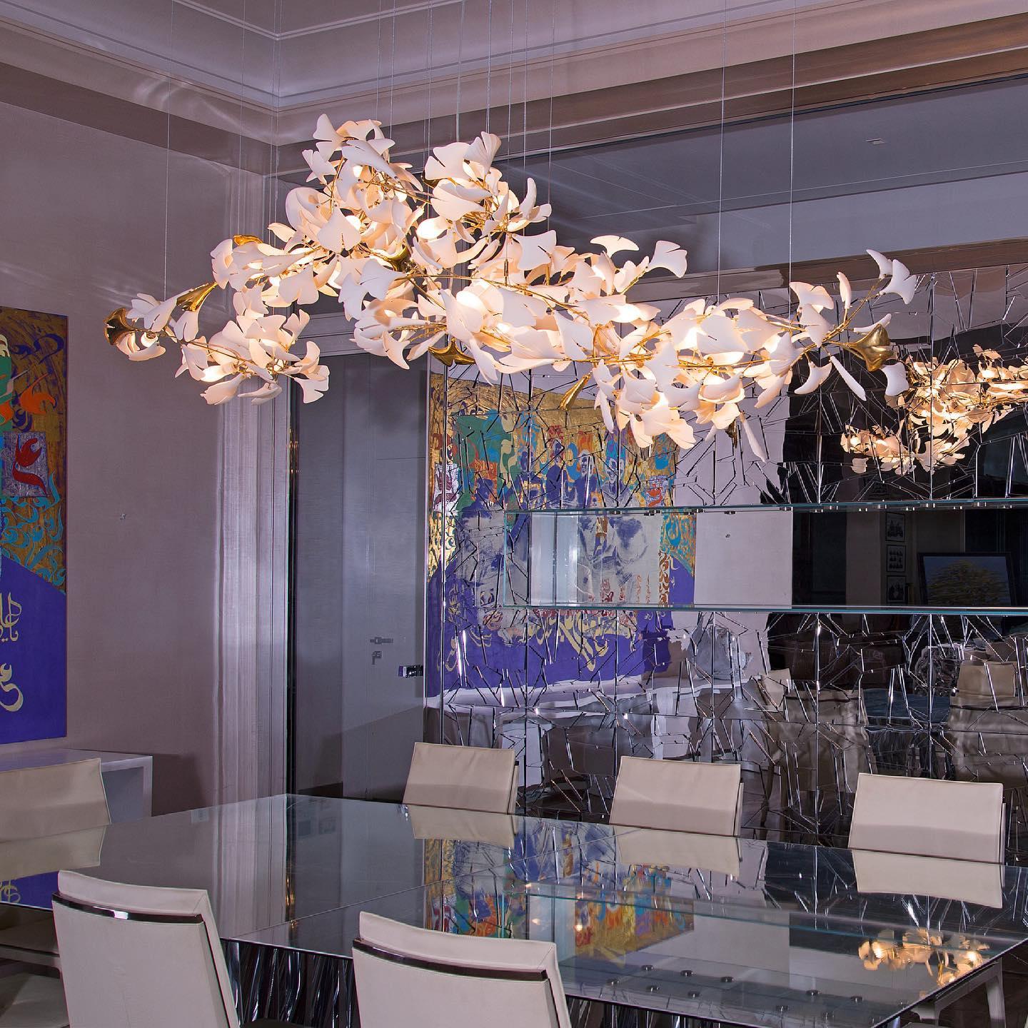 Chandelier Metal Frame Ceramic Gingko Leaf Shade White Gold Modern - Letslighting