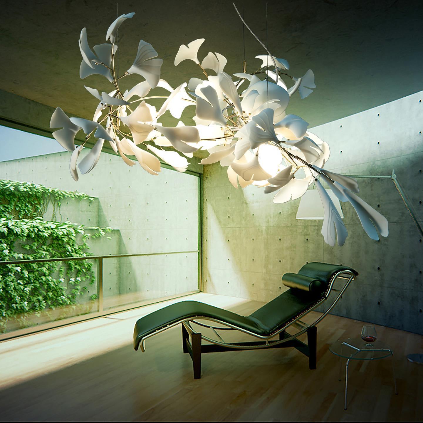 Chandelier Metal Frame Ceramic Gingko Leaf Shade White Gold Modern - Letslighting