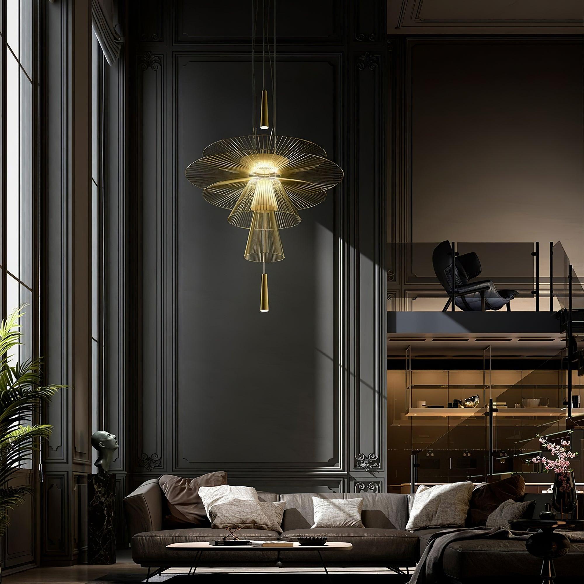 Chandelier Sculptural Layered Wire Frame Statement Bold Modern Centerpiece - Letslighting