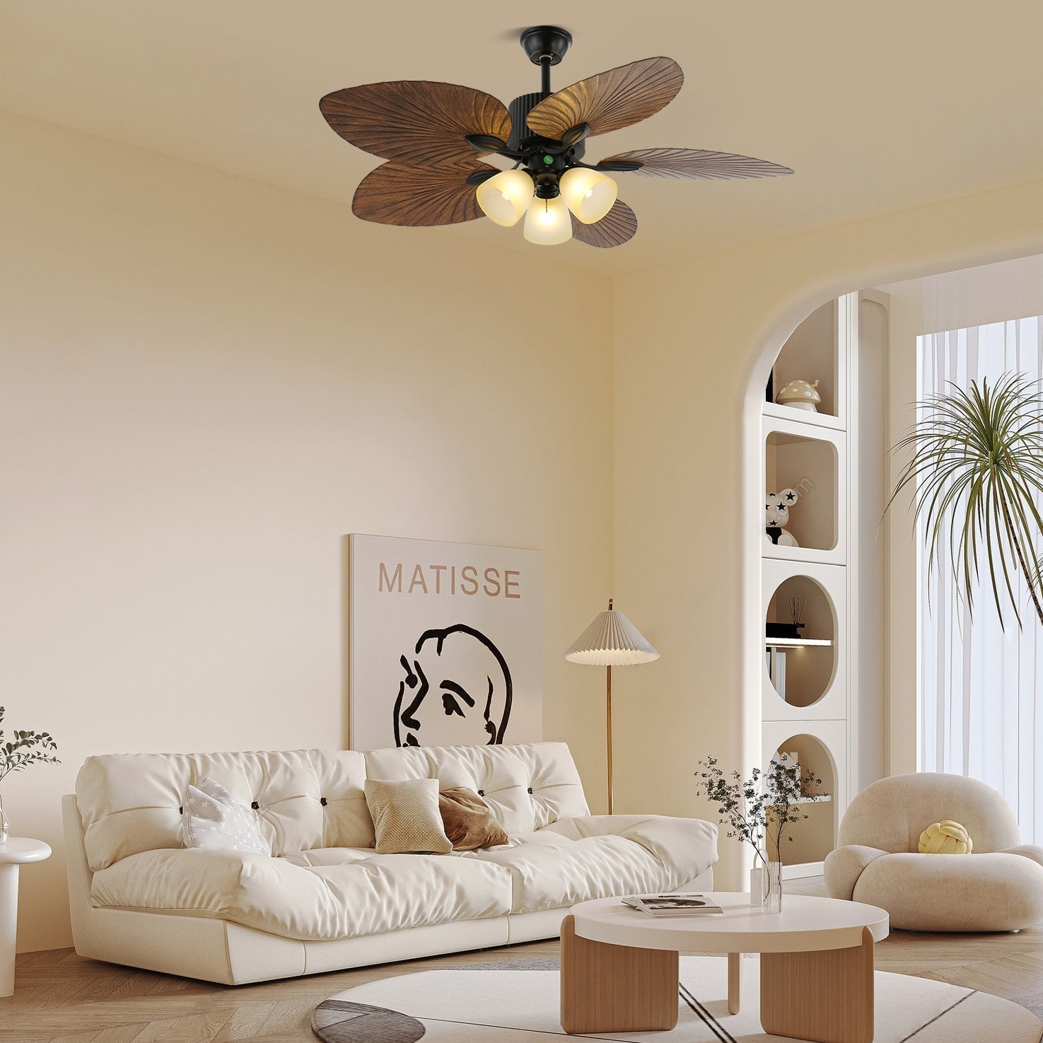 Ventilatore da soffitto Virel Tropicale in legno con luce, Modello B, diametro 42 pollici