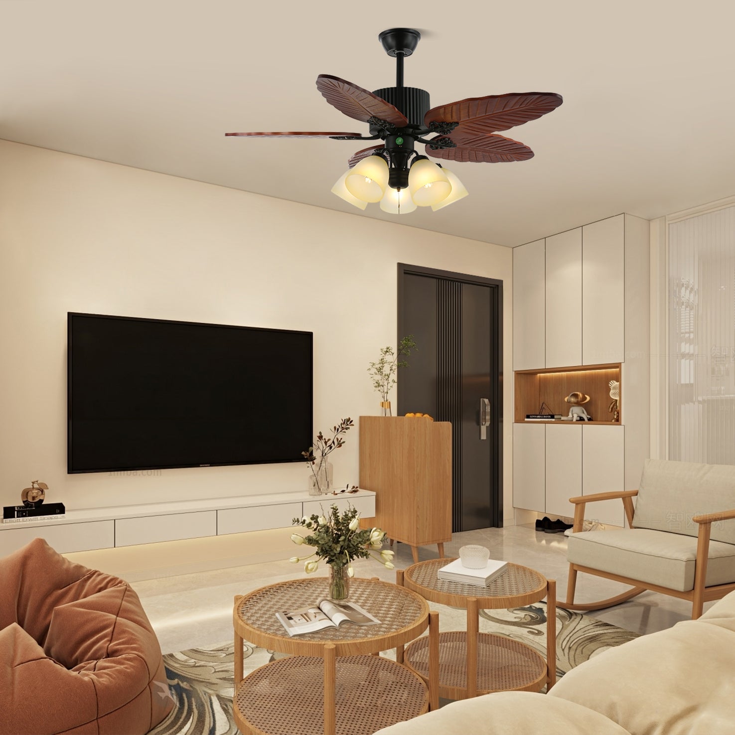 Ventilatore da Soffitto Virella Tropicale in Legno e Vetro con Luce, Modello D