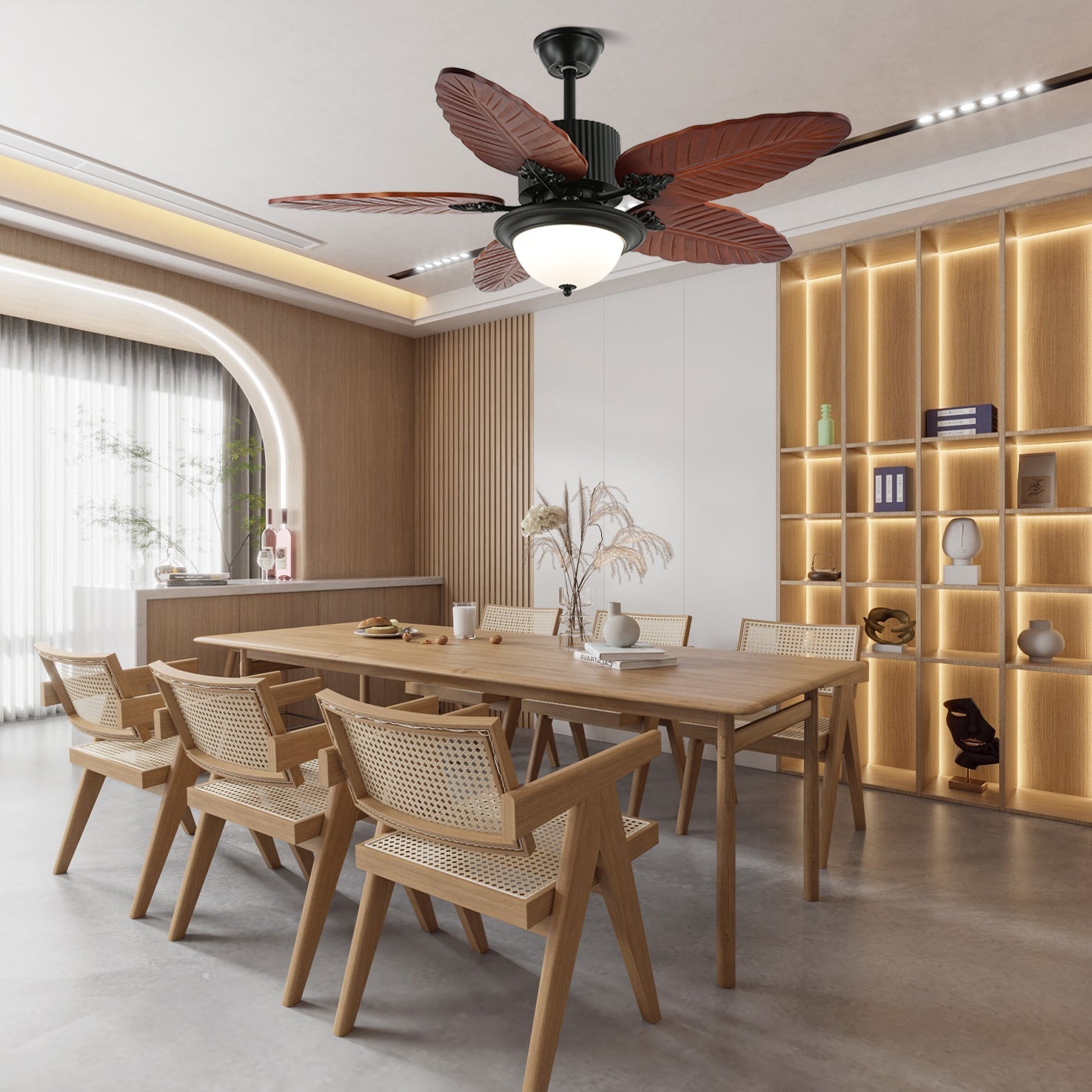 Ventilatore da Soffitto Virella Tropicale in Legno e Vetro con Luce, Modello C