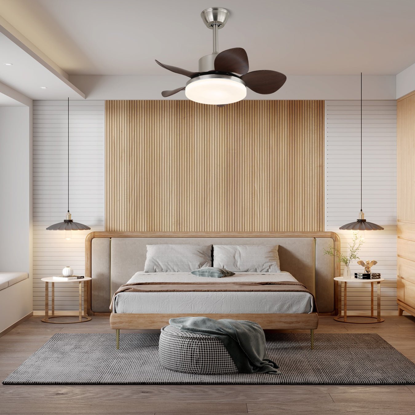 Ventilatore da soffitto con luce Kaelen in legno con illuminazione LED integrata, acceso.