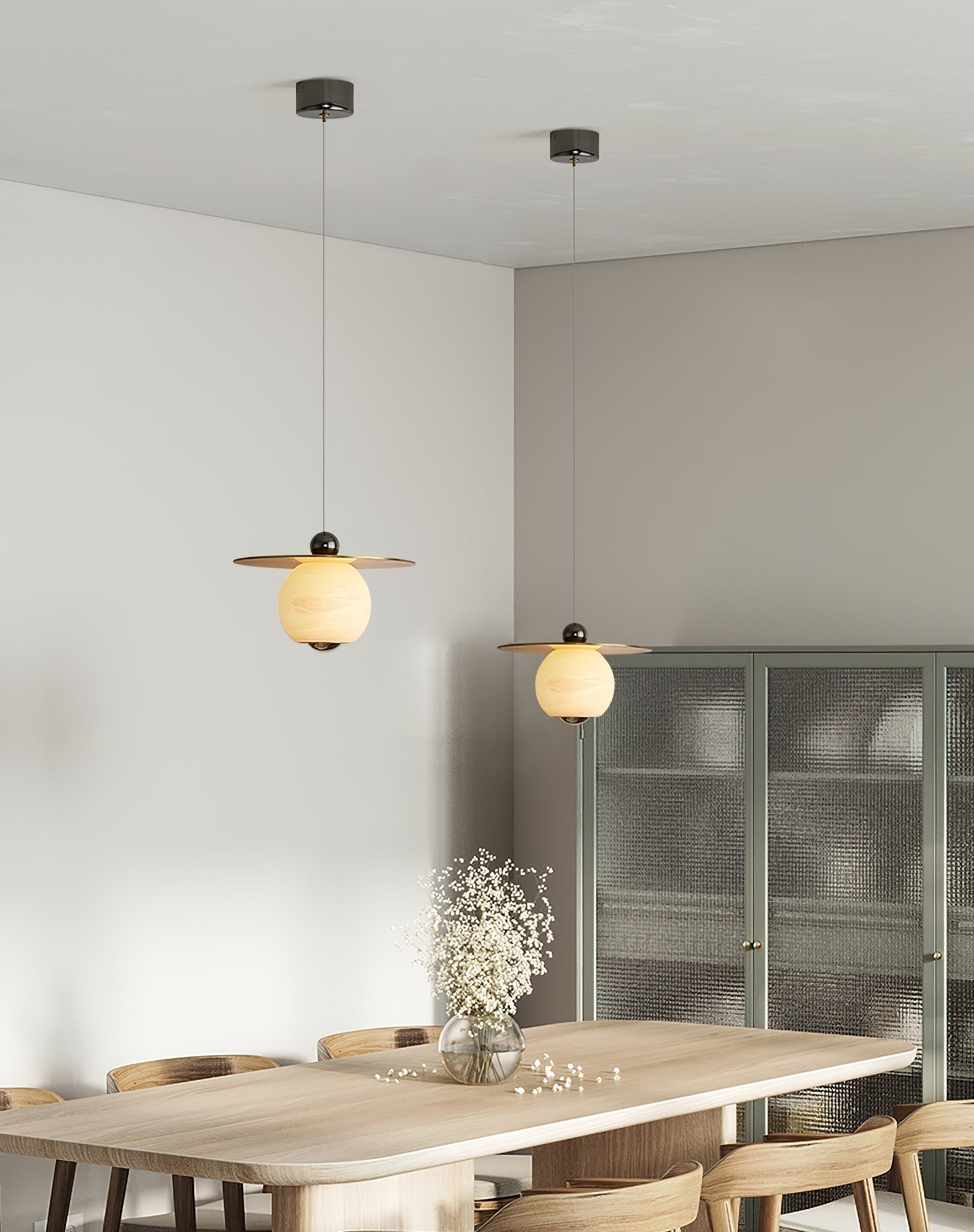 Alvarel Modern Minimalist Cord Brass Alabaster Pendant Light - Lamp Copper