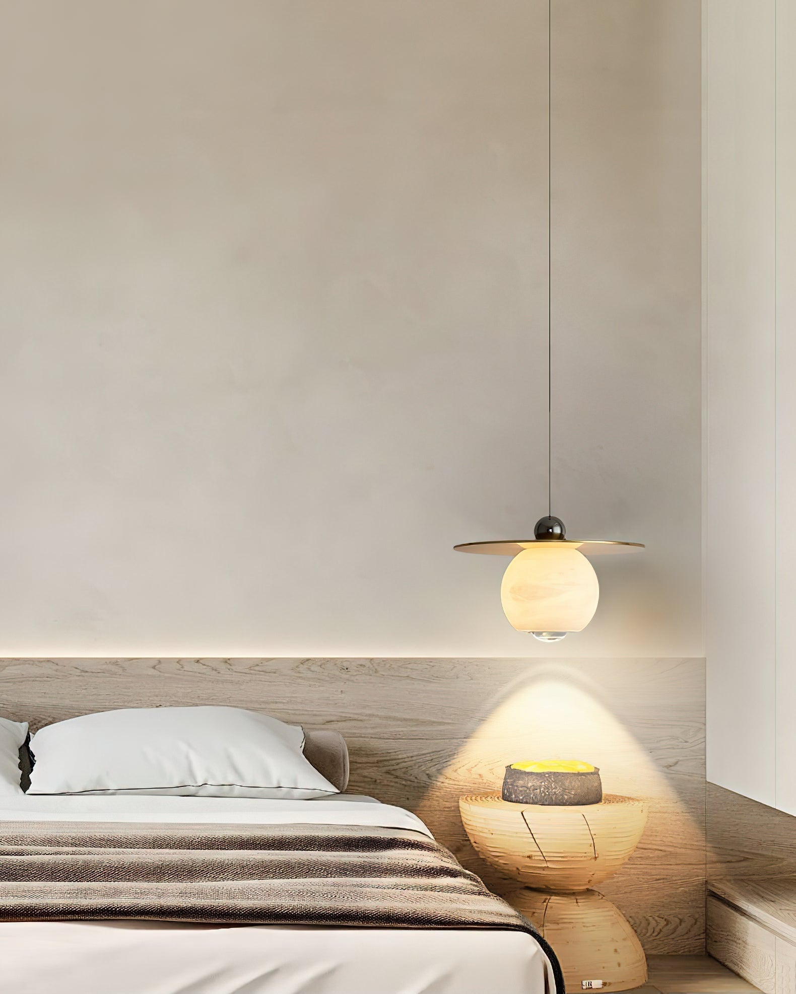 Alvarel Modern Minimalist Cord Brass Alabaster Pendant Light - Lamp Copper