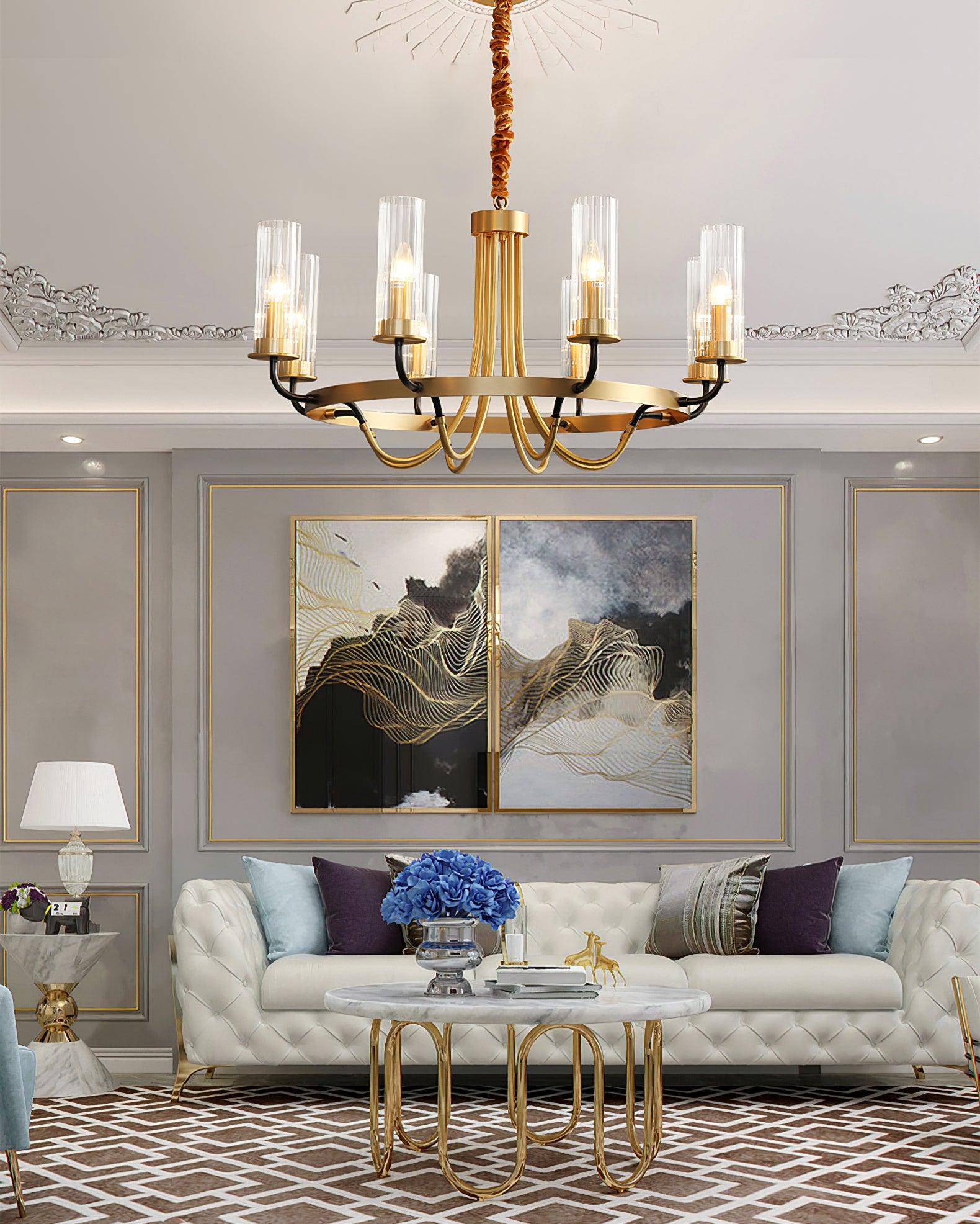 Chandelier Black Round Frame Brass Arms Ribbed Glass - Blowlighting