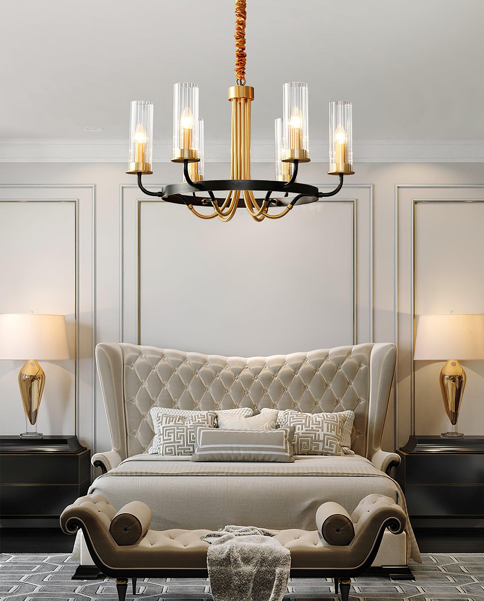 Chandelier Black Round Frame Brass Arms Ribbed Glass - Blowlighting