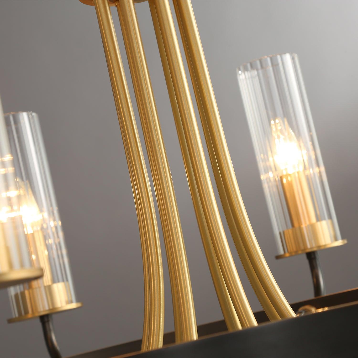 Chandelier Black Round Frame Brass Arms Ribbed Glass - Blowlighting