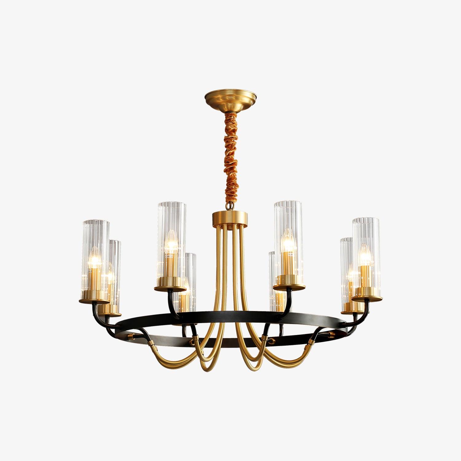 Chandelier Black Round Frame Brass Arms Ribbed Glass - Blowlighting