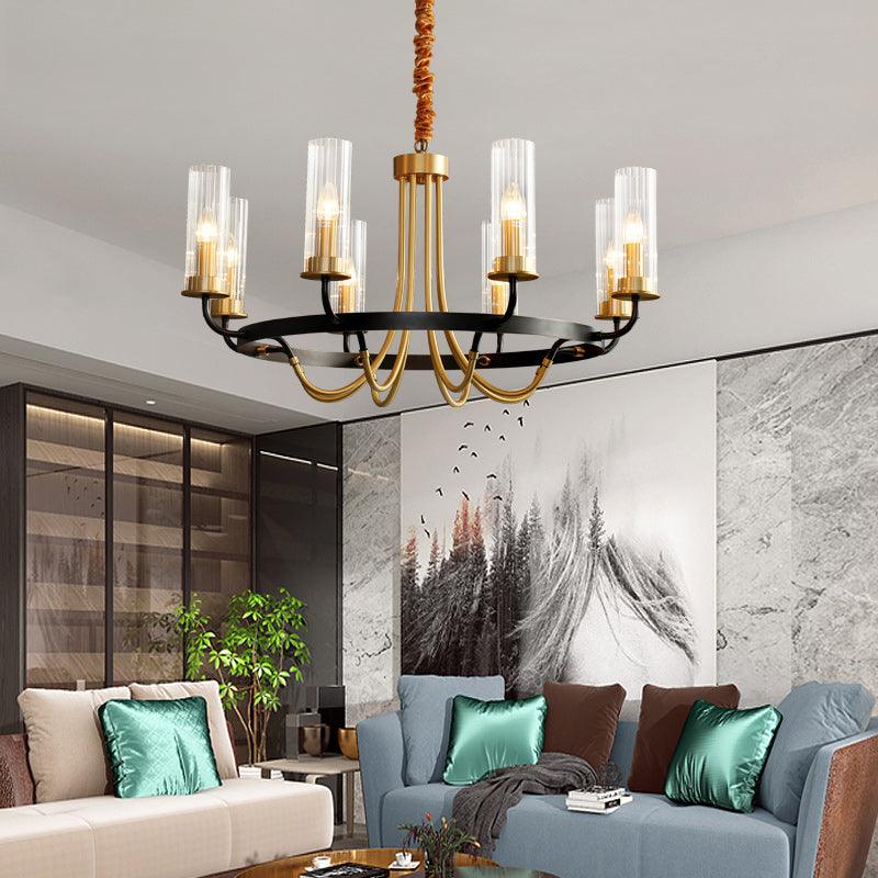 Chandelier Black Round Frame Brass Arms Ribbed Glass - Blowlighting
