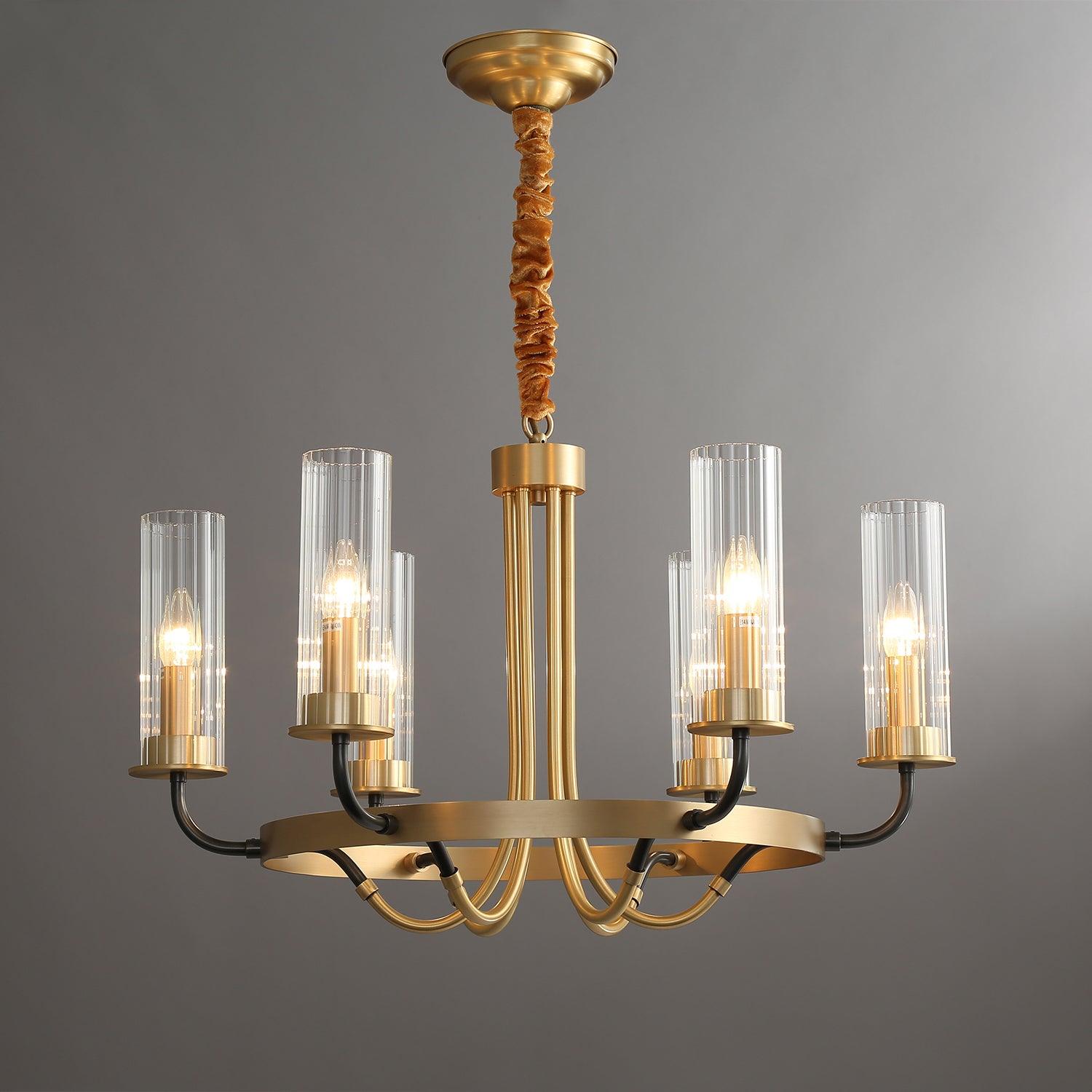 Chandelier Black Round Frame Brass Arms Ribbed Glass - Blowlighting