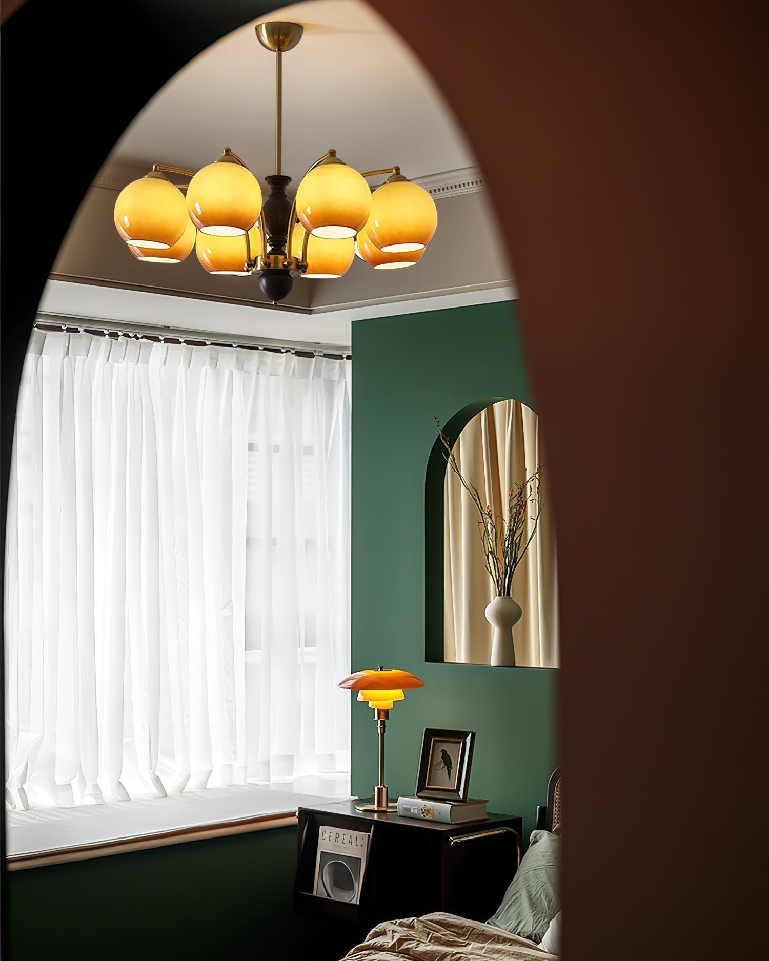 Chandelier Glass Shades Metal Frame Wood Accents Mid-Century Calm - Letslighting