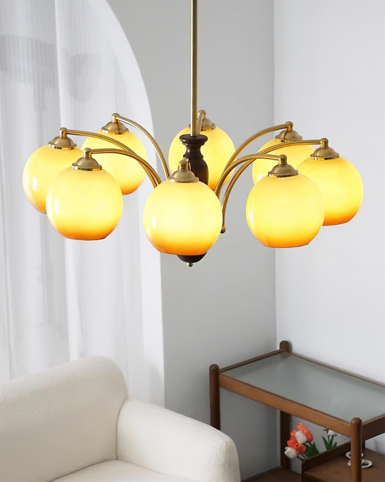 Chandelier Glass Shades Metal Frame Wood Accents Mid-Century Calm - Letslighting