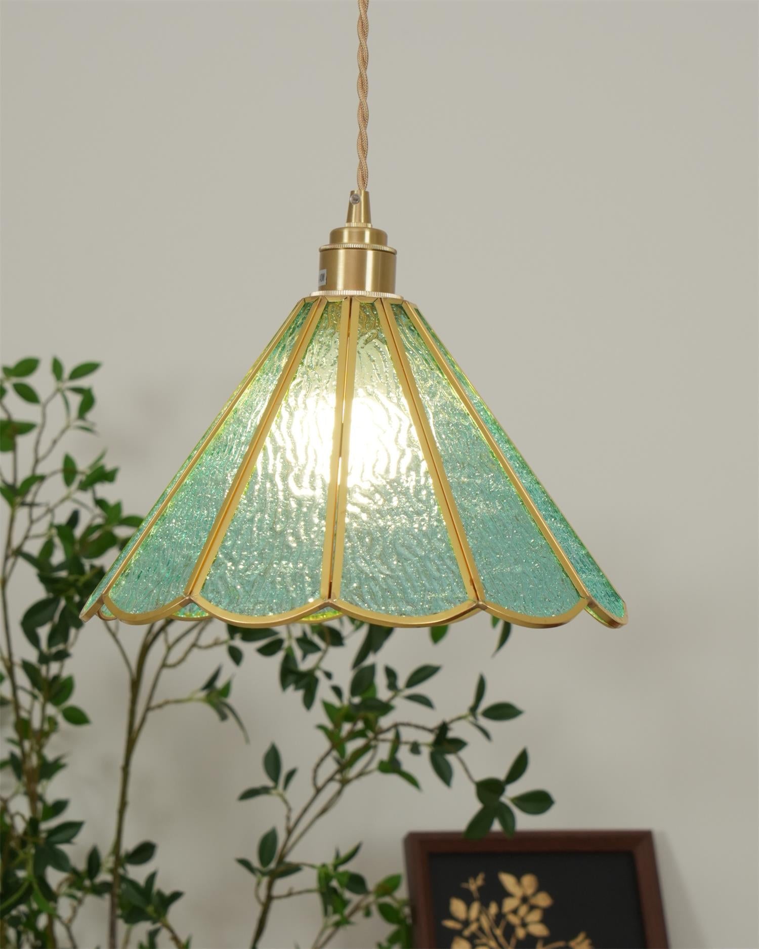 Pendant Lamp Textured Blue Glass Scalloped Brass - Letslighting