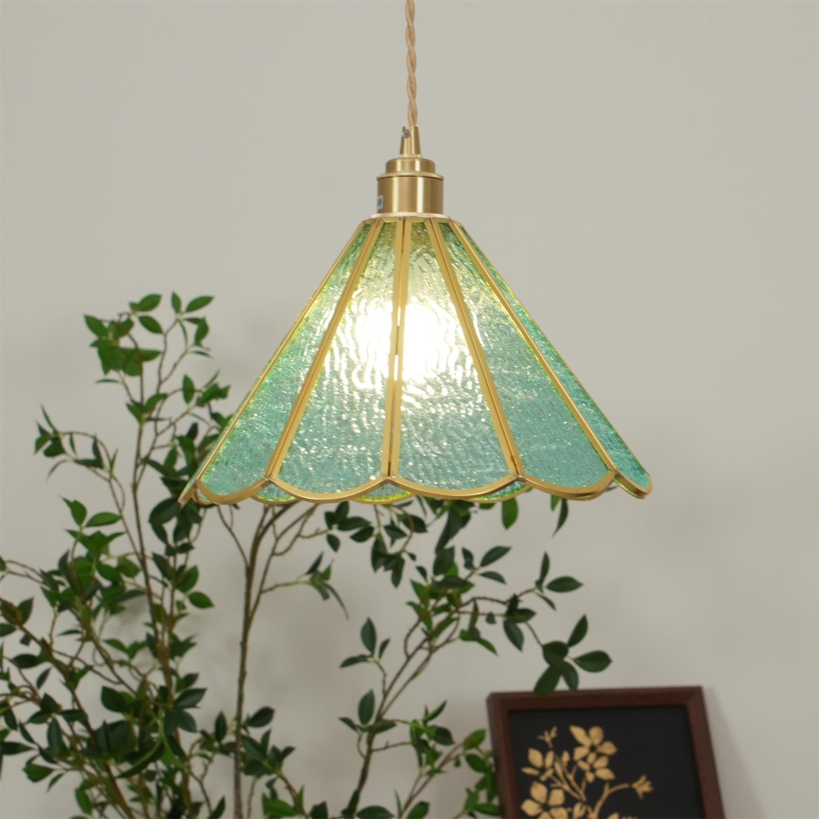 Pendant Lamp Textured Blue Glass Scalloped Brass - Letslighting