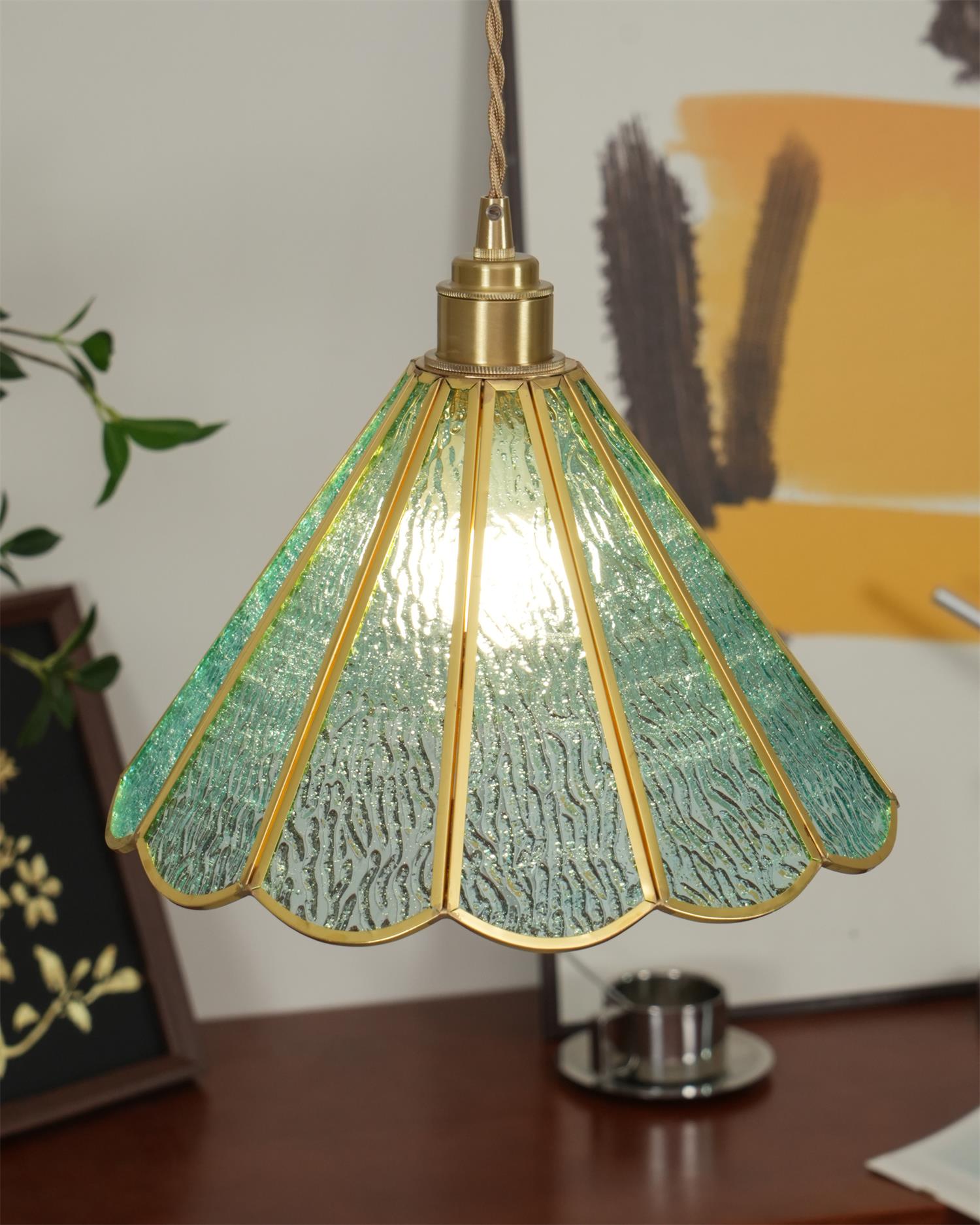 Pendant Lamp Textured Blue Glass Scalloped Brass - Letslighting