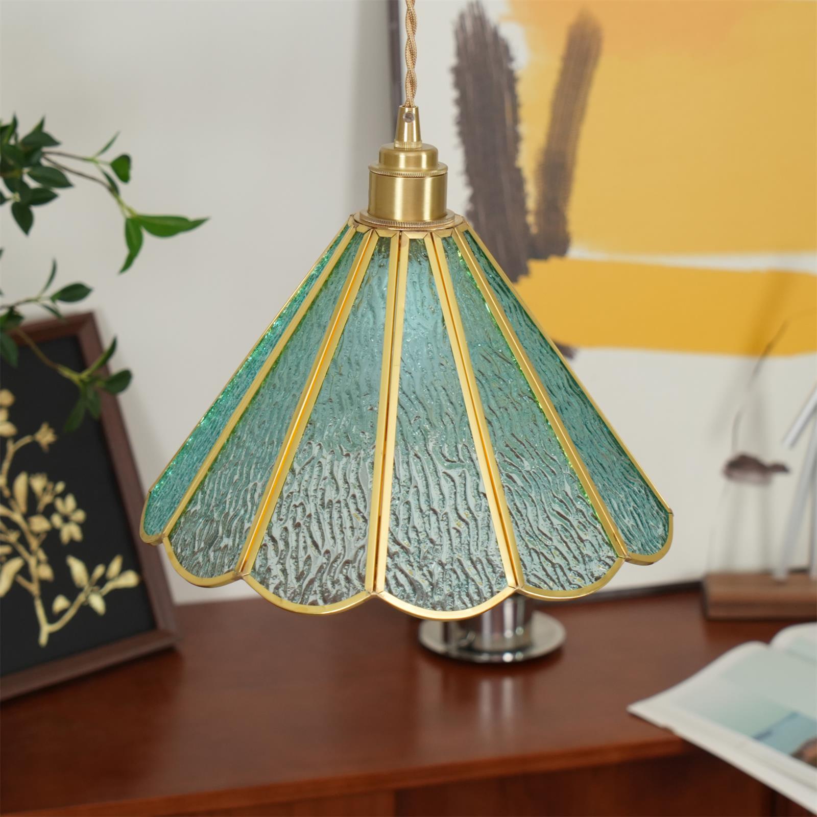 Pendant Lamp Textured Blue Glass Scalloped Brass - Letslighting