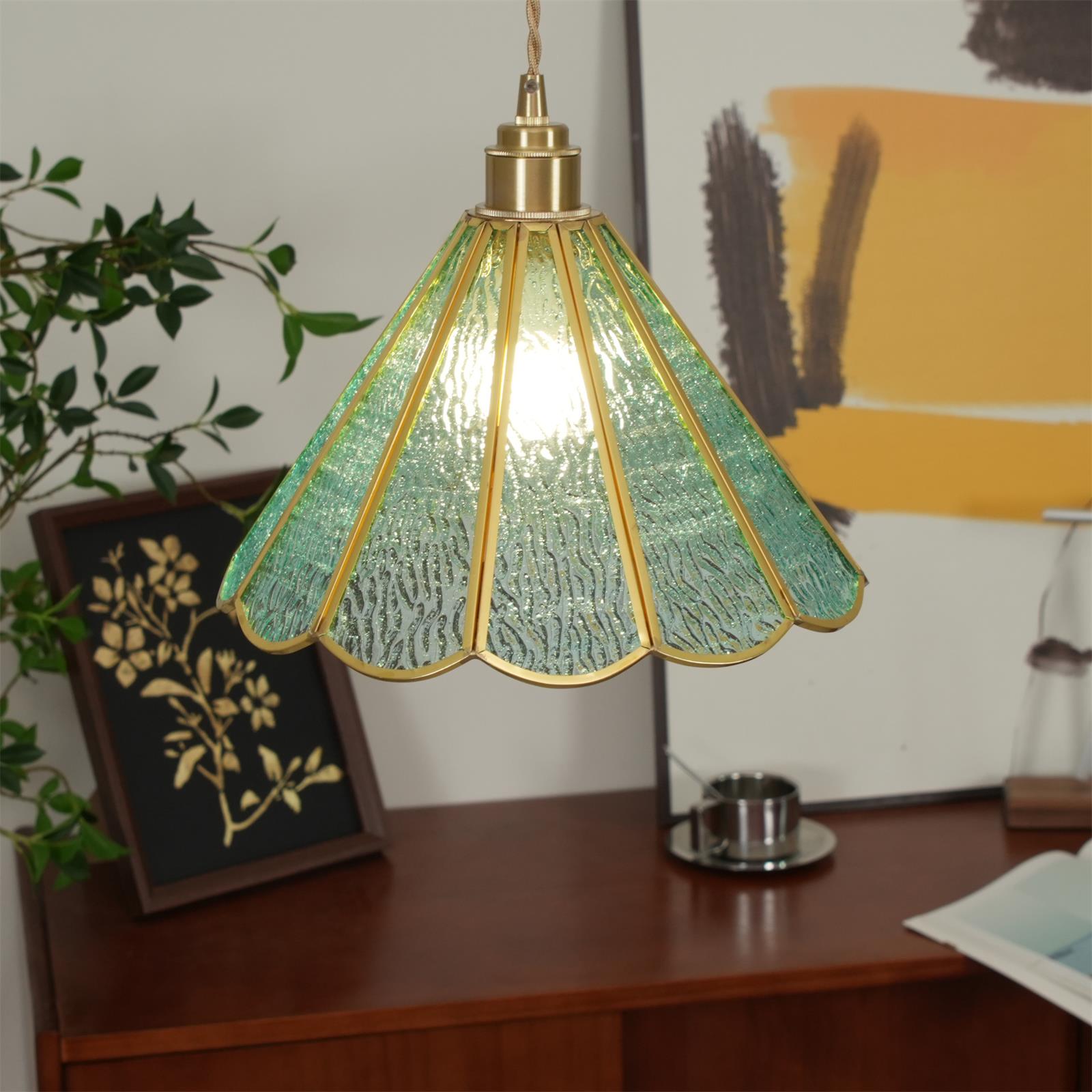 Pendant Lamp Textured Blue Glass Scalloped Brass - Letslighting