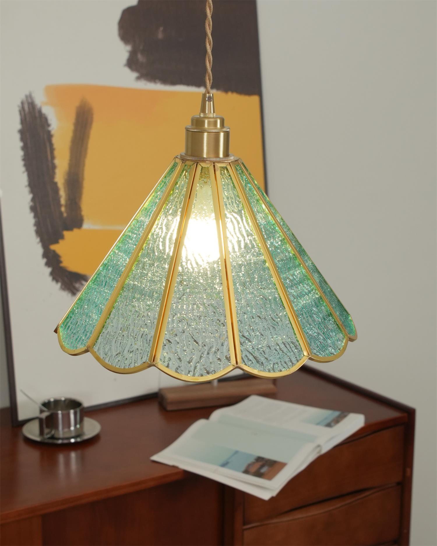 Pendant Lamp Textured Blue Glass Scalloped Brass - Letslighting