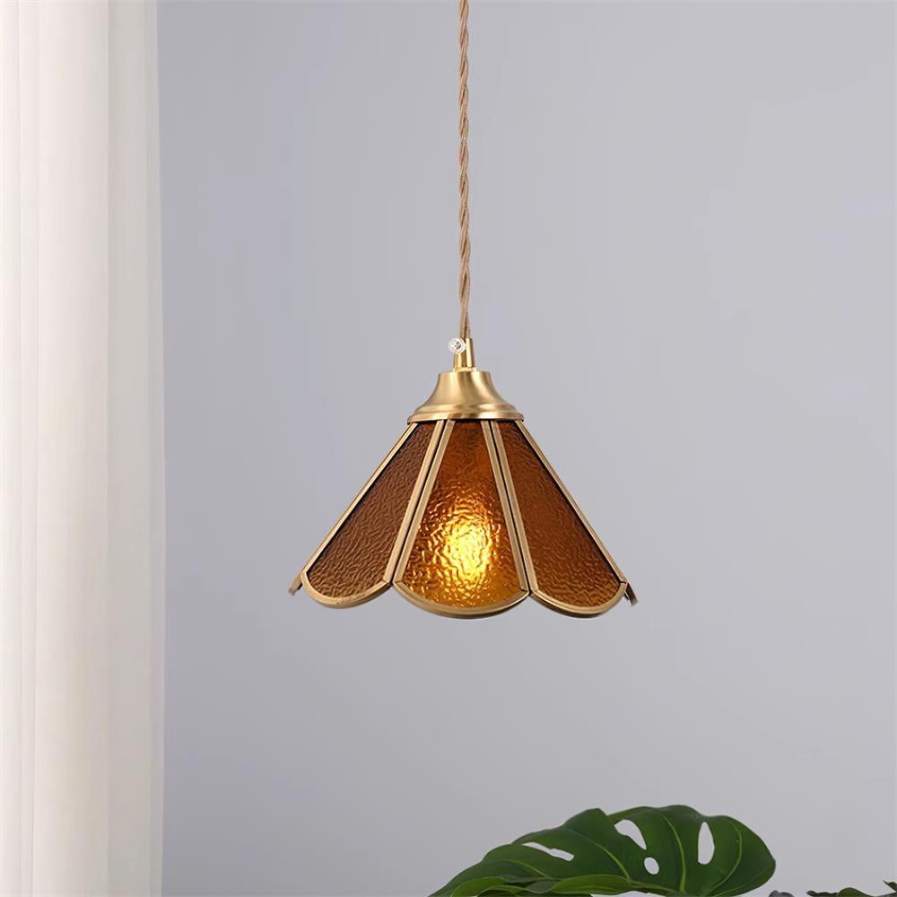 Pendant Lamp Textured Blue Glass Scalloped Brass - Letslighting