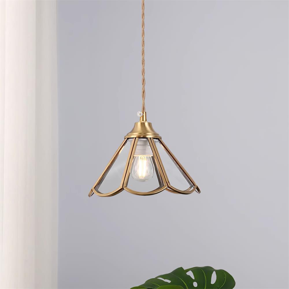 Pendant Lamp Textured Blue Glass Scalloped Brass - Letslighting
