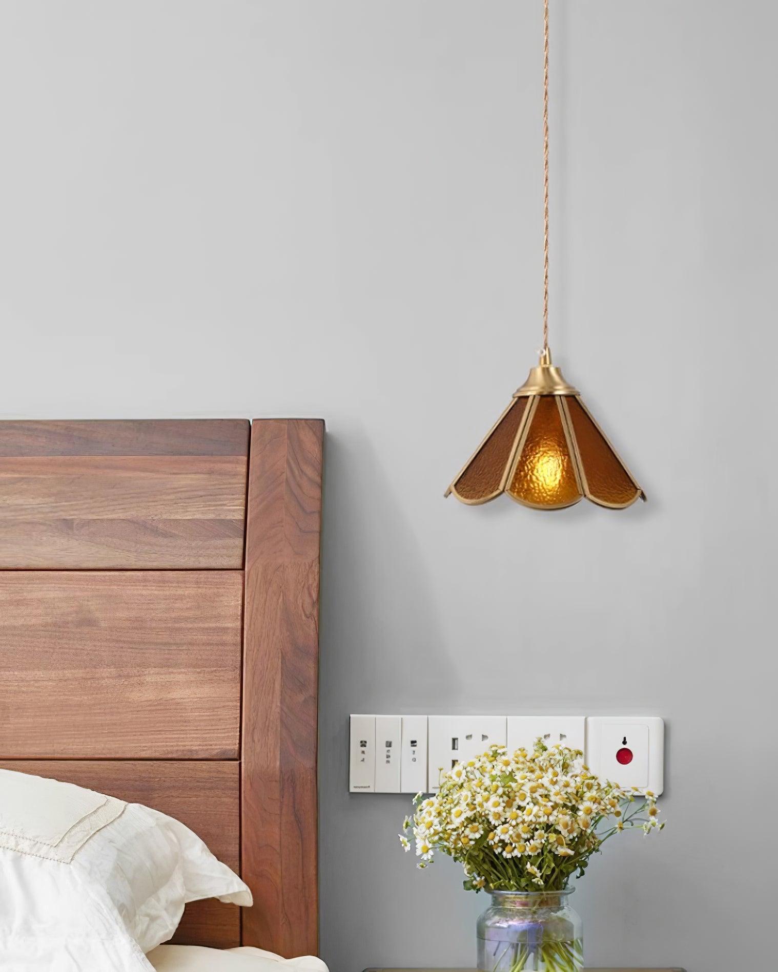Pendant Lamp Textured Blue Glass Scalloped Brass - Letslighting