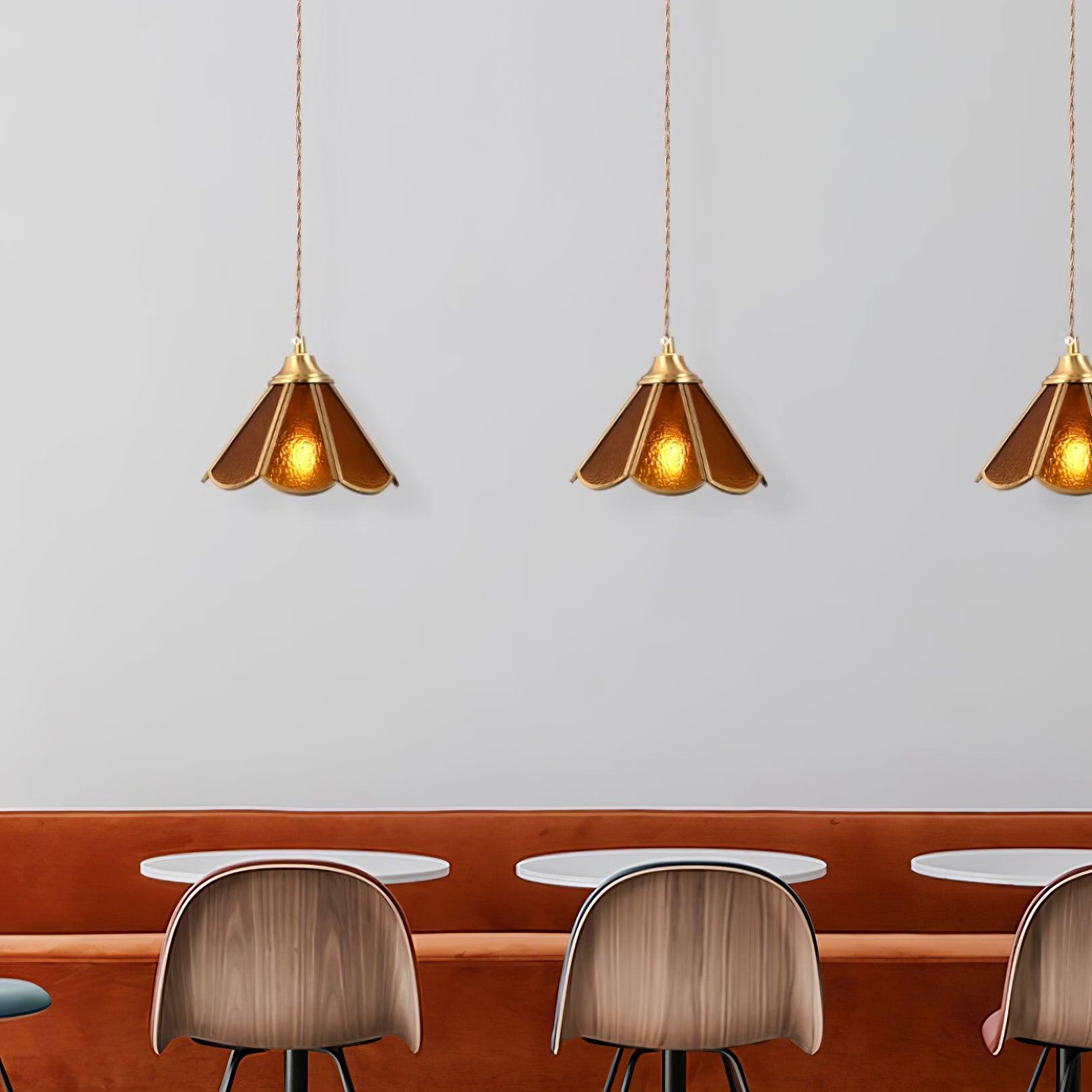 Pendant Lamp Textured Blue Glass Scalloped Brass - Letslighting