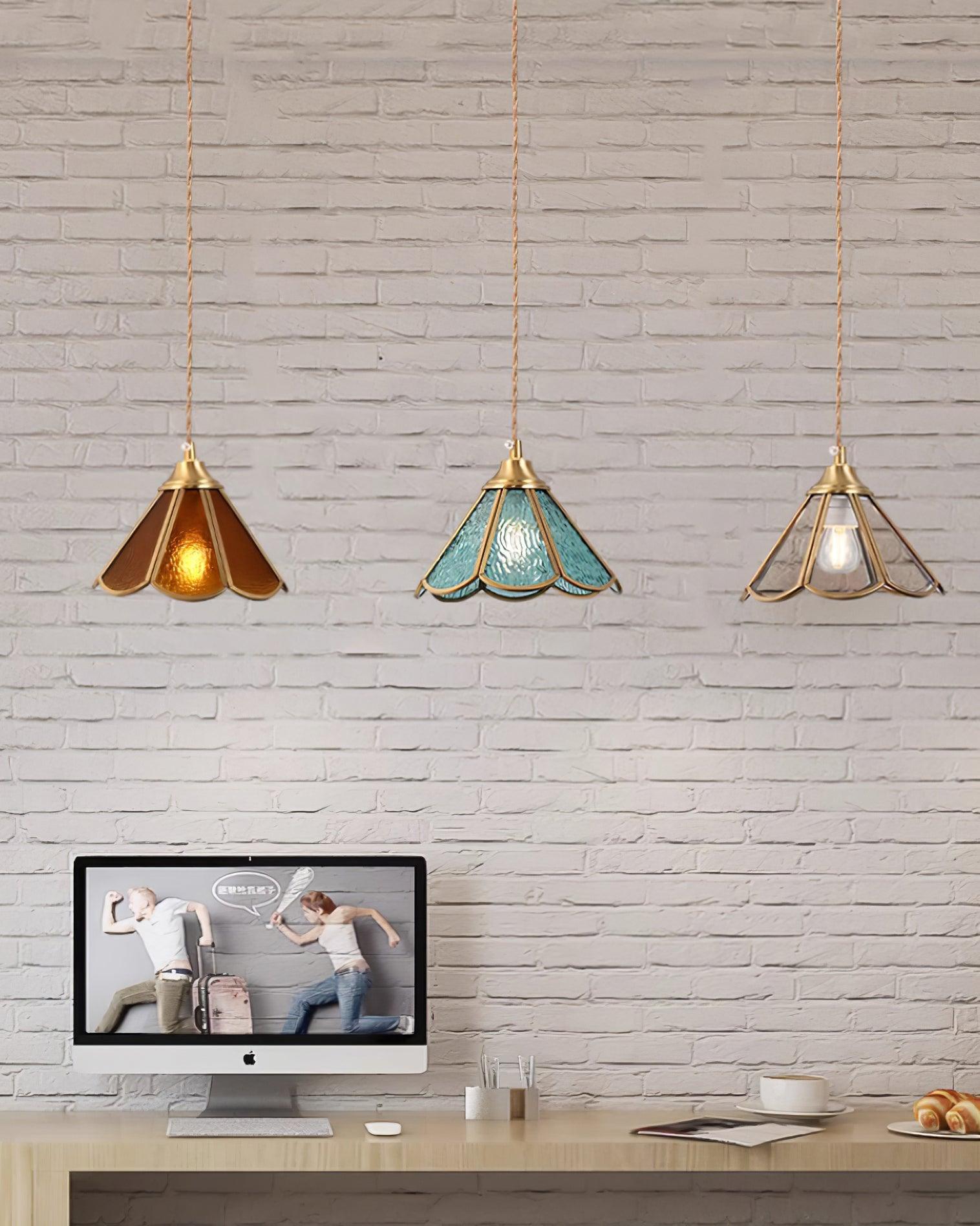 Pendant Lamp Textured Blue Glass Scalloped Brass - Letslighting