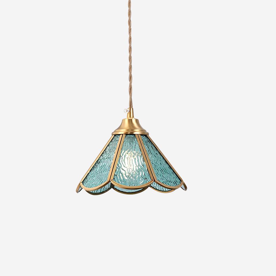 Pendant Lamp Textured Blue Glass Scalloped Brass - Letslighting