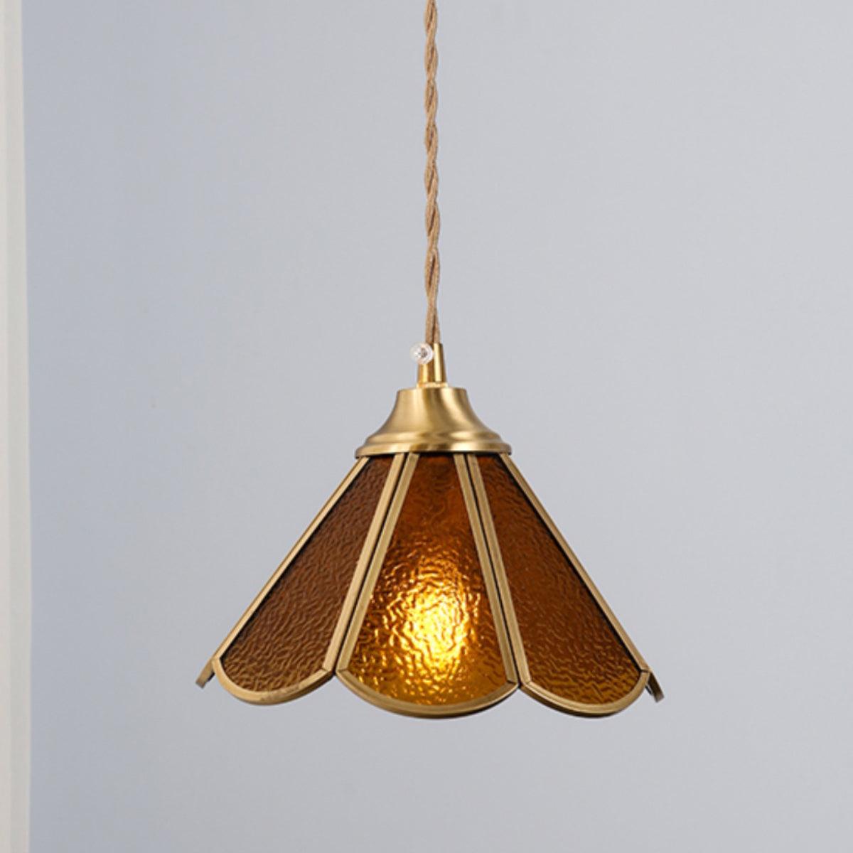 Pendant Lamp Textured Blue Glass Scalloped Brass - Letslighting